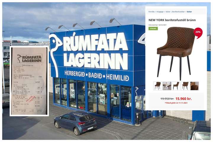 Rúmfatalagerinn hækkaði verð á stól fyrir afsláttardag: Stóllinn ódýrari fyrir átta dögum