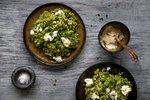 Grænt og gómsætt spínat-risotto með edamame-baunum og geitaosti