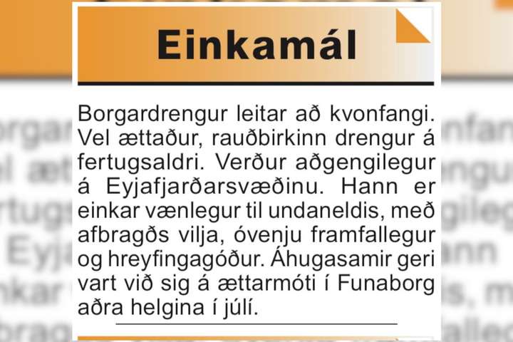 Borgardrengur á fertugsaldri auglýstur til undaneldis í Eyjafjarðarsveit
