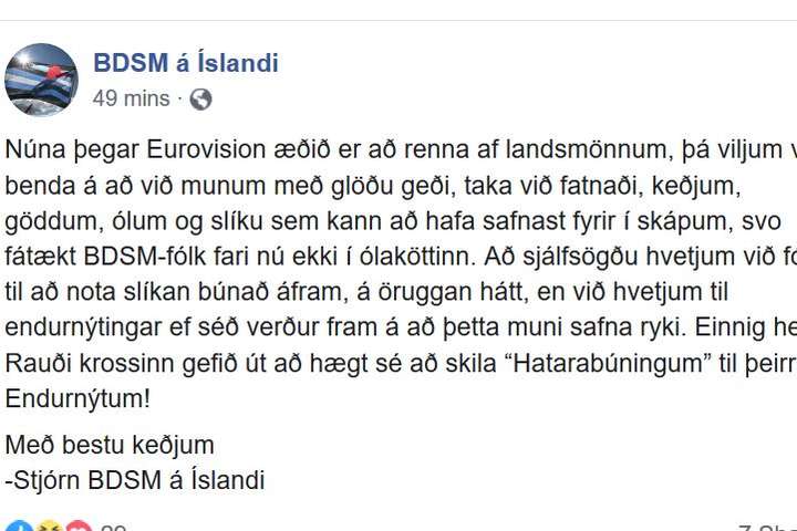 BDSM félagið tekur við Hatara-búningum landsmanna